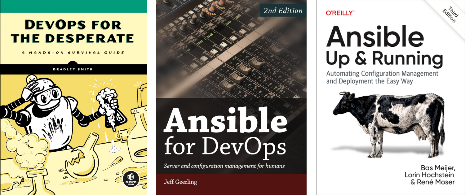 Bücher zu Ansible: <em>DevOps for the Desperate</em>, <em>Ansible for DevOps</em>, <em>Ansible Up & Running</em>