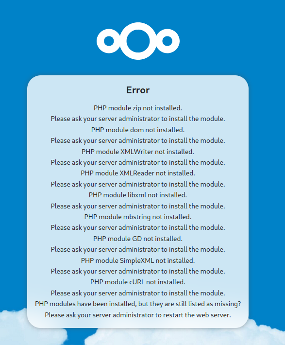 Nextcloud-Fehlerseite: fehlende Module
