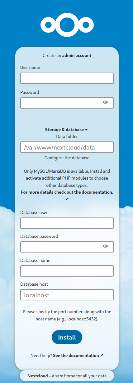 Nextcloud-Installationsseite: Bereit zum Einrichten